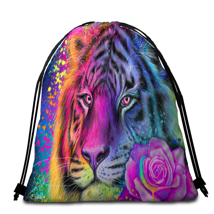 Colorful Animal Beach Bags and Towels Art Neon Rainbow Tiger