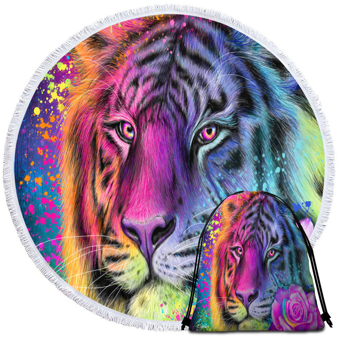 Colorful Animal Big Beach Towels Art Neon Rainbow Tiger