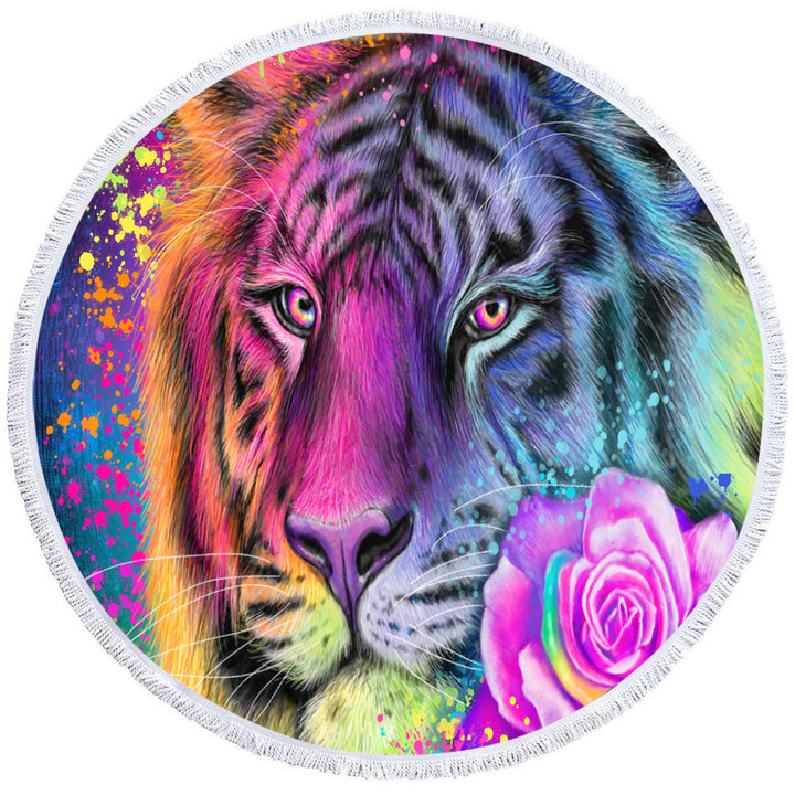 Colorful Animal Round Beach Towel Art Neon Rainbow Tiger