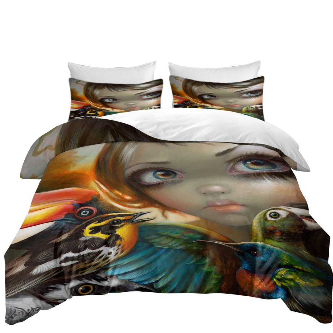 Colorful Art Birdsong Beautiful Maiden and Birds Coverlet