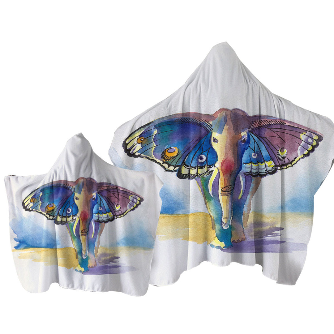 Colorful Artistic Elephant Meet Butterfly Hooded Beach Towel