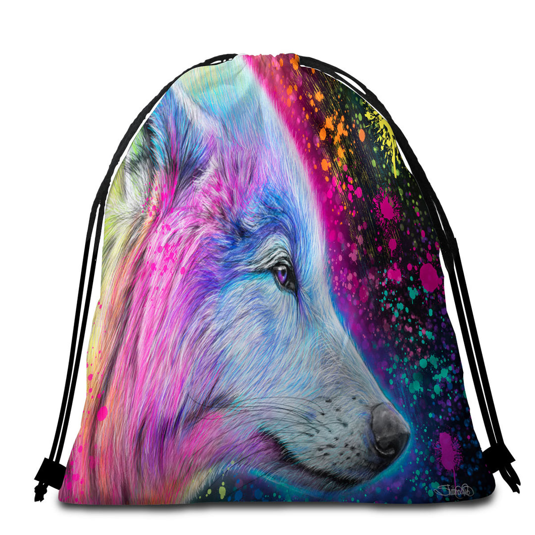 Colorful Beach Towel Pack Animal Art Neon Rainbow Wolf