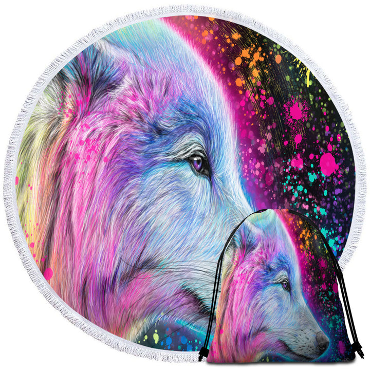 Colorful Beach Towels and Bags Set Animal Art Neon Rainbow Wolf