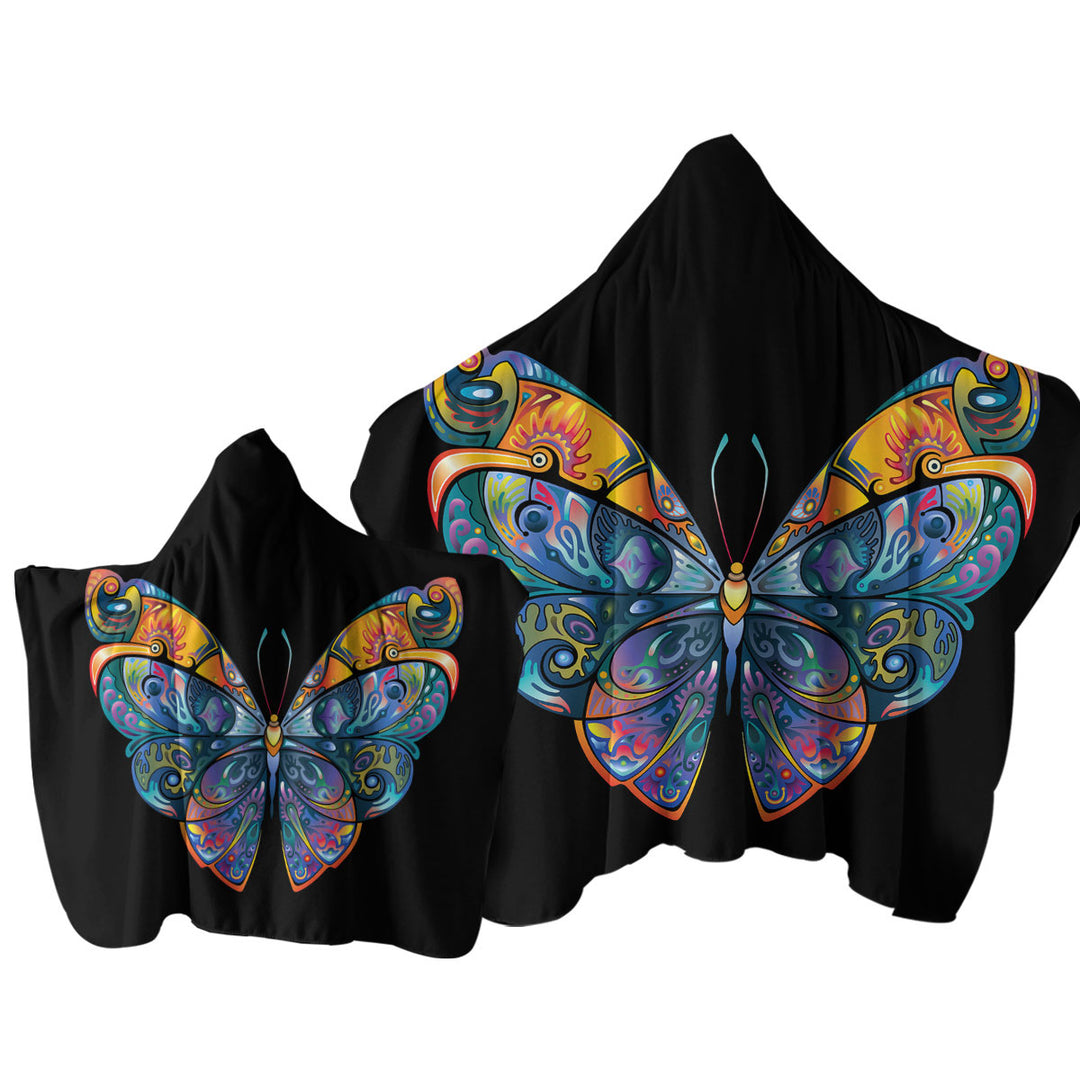 Colorful Butterfly over Black Towel Hoodie