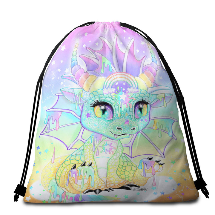 Colorful Children Beach Bags and Towels with Sweet Pastel Lil Dragon