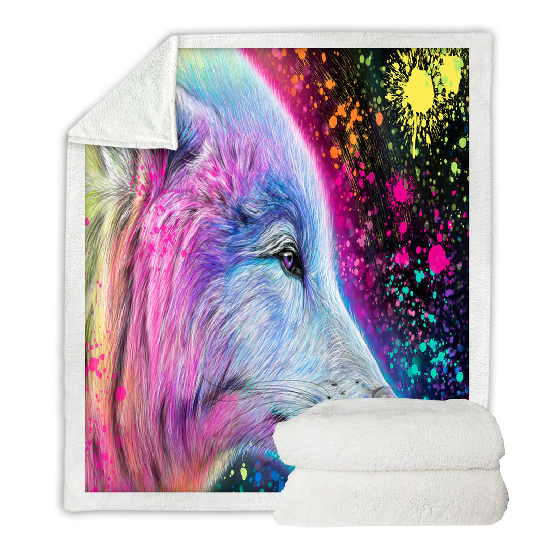 Colorful Couch Throws Animal Art Neon Rainbow Wolf