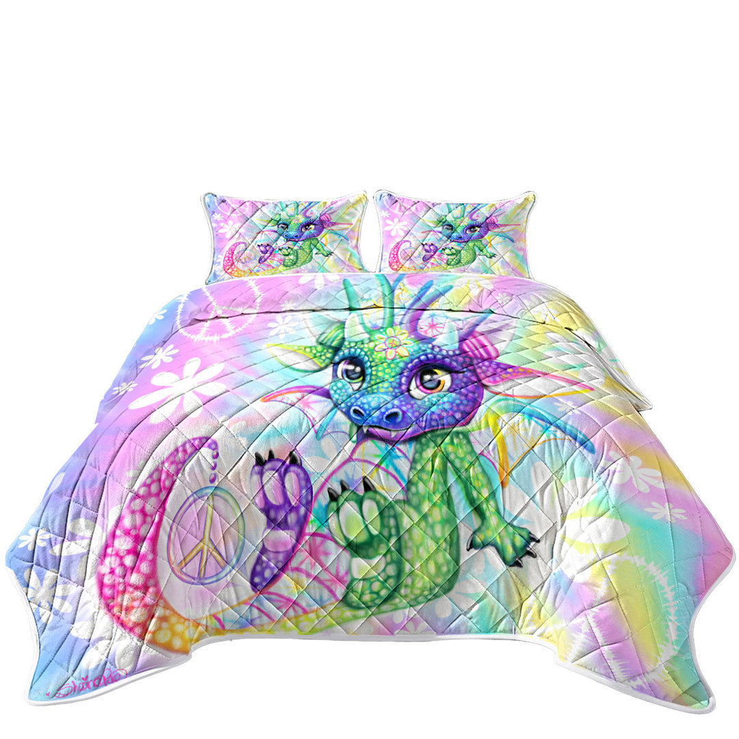 Colorful Cute Peaceful Tie Dye Lil Dragon California King Quilt Sets