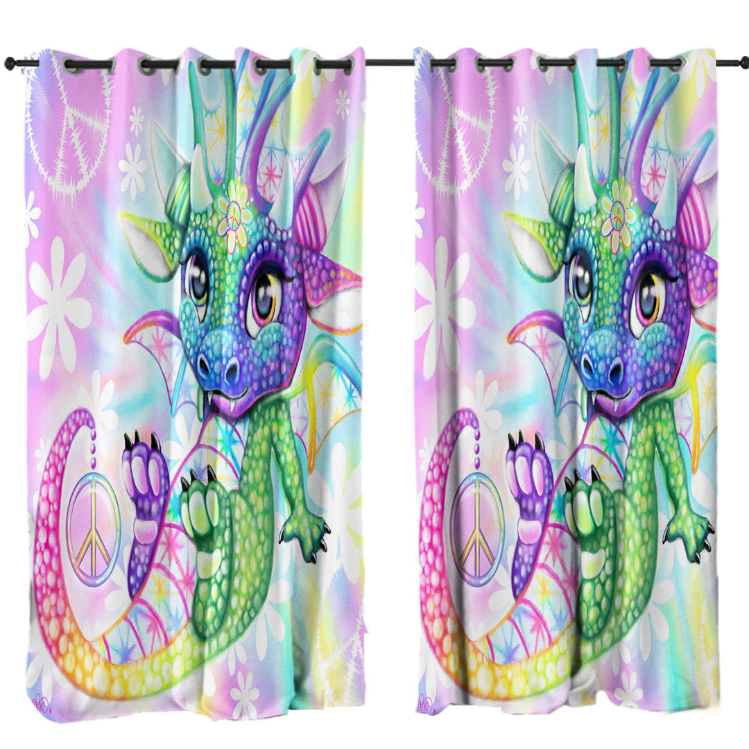 Colorful Cute Peaceful Tie Dye Lil Dragon Drapes and Curtains