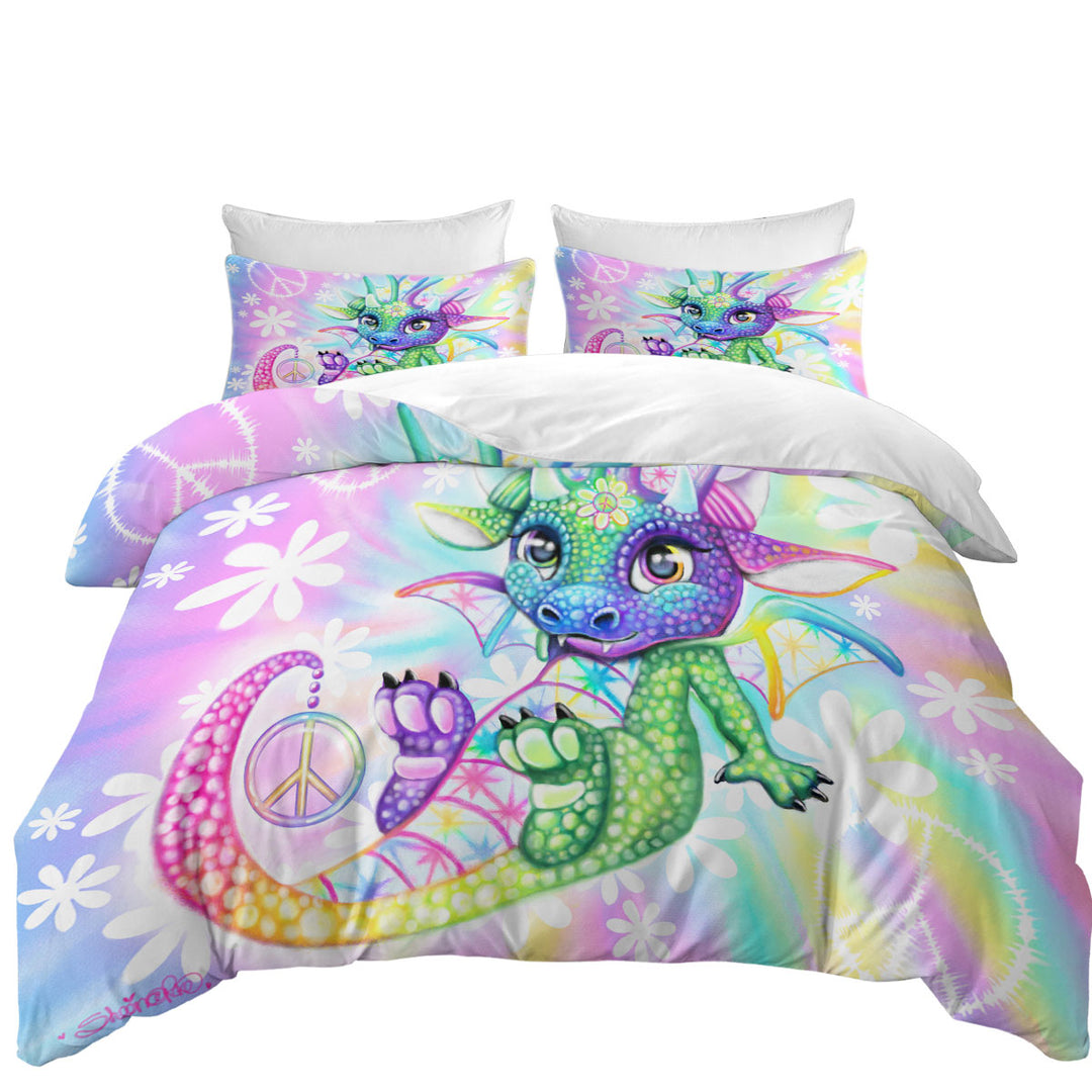 Colorful Cute Peaceful Tie Dye Lil Dragon Duvet Cover