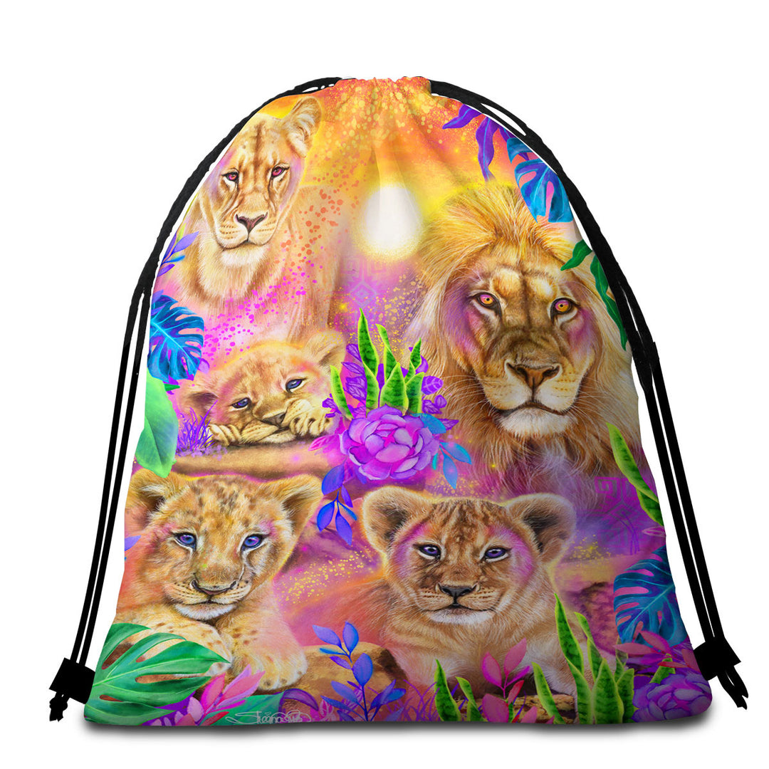 Colorful Daydream Lions Beach Towel Bags