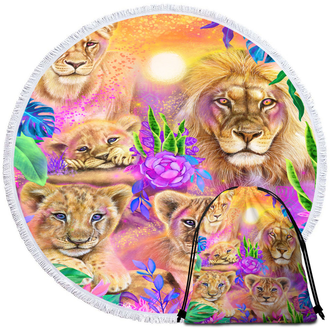 Colorful Daydream Lions Circle Beach Towel