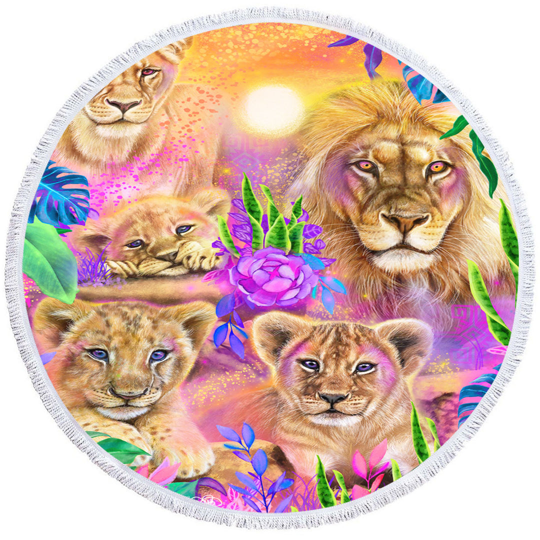 Colorful Daydream Lions Round Beach Towel