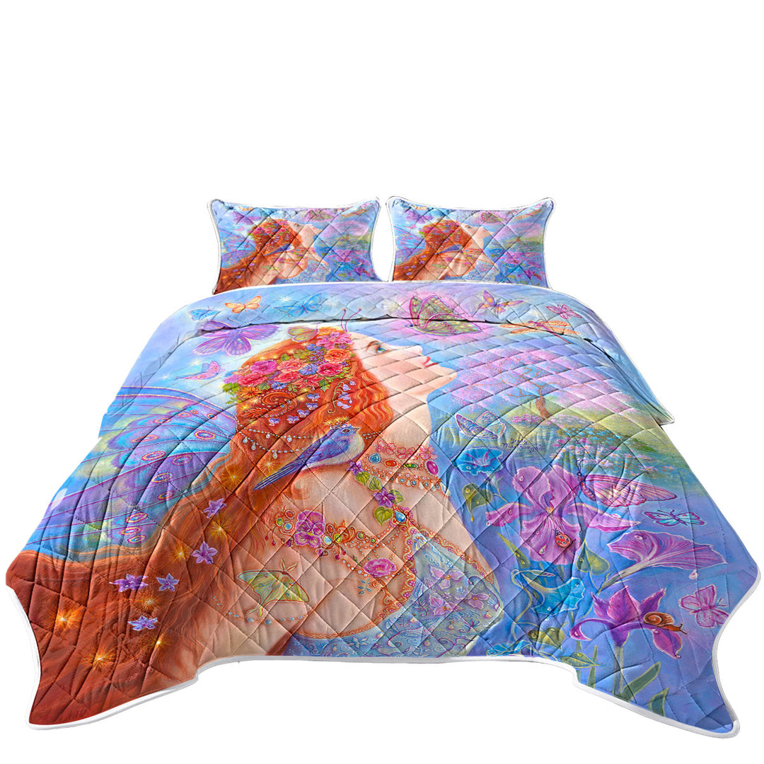 Colorful Fairy Art Butterflies and Flowers Quilts for Beds