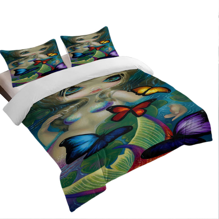 Colorful Fantasy Mermaid with Butterflies Duvet Cover set