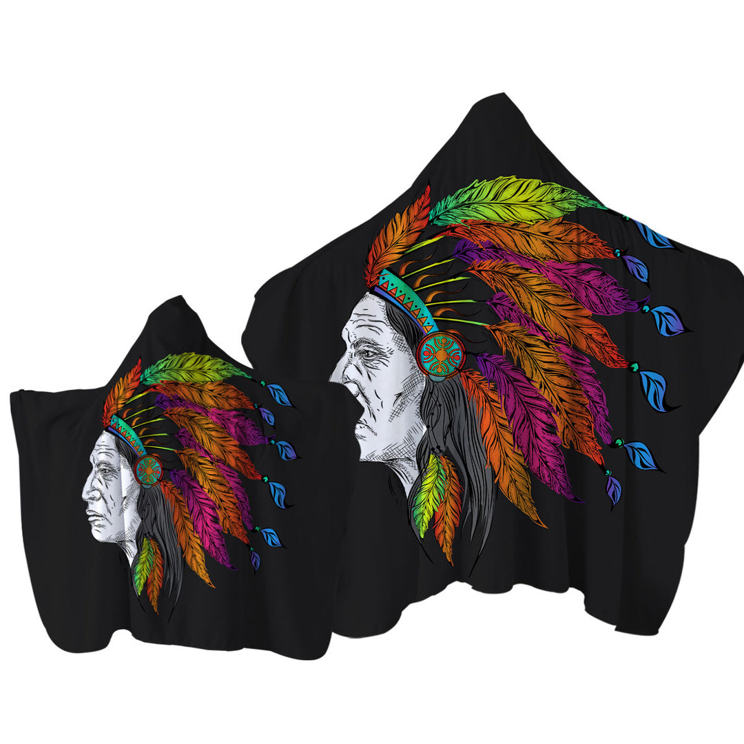 Colorful Feathers on a Tough Native American Chief Hooded Beach Towel