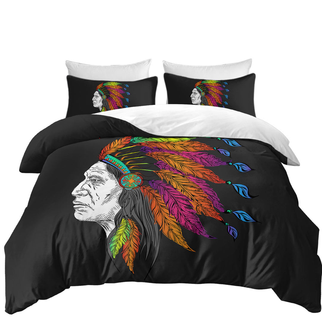 Colorful Feathers on a Tough Native American Chief King Duvet Cover set