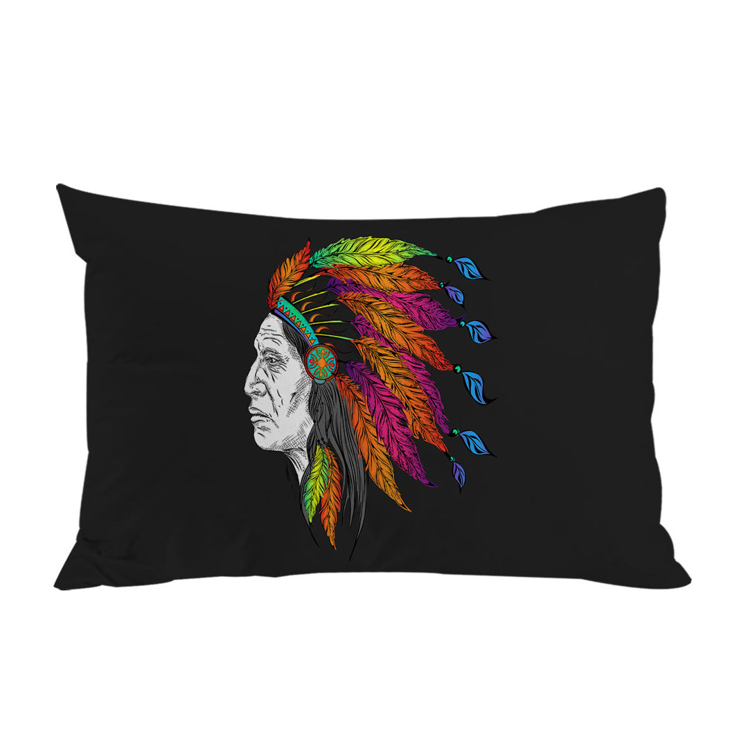 Colorful Feathers on a Tough Native American Chief Pillowcase