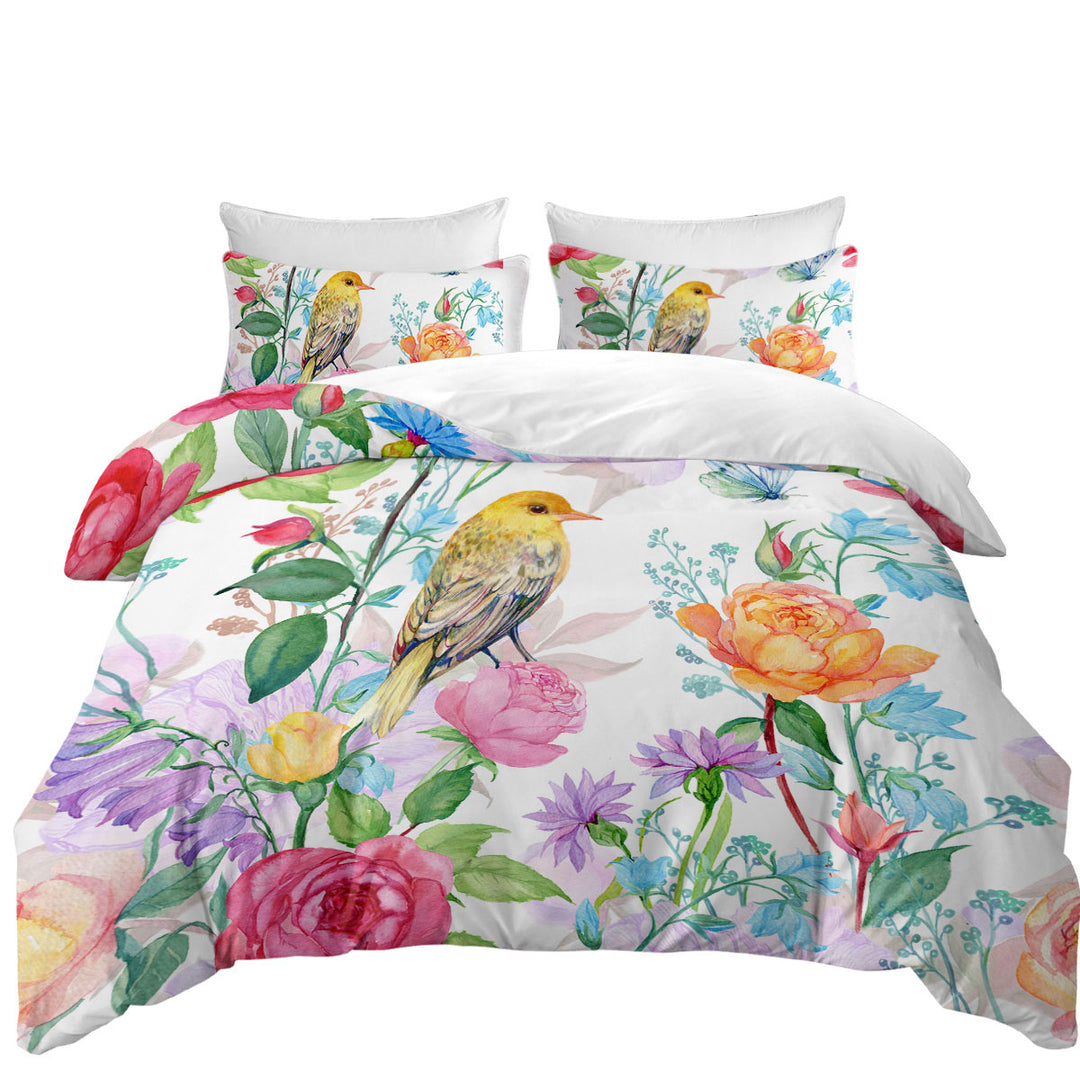 Colorful Flowers and Bird Comforter Cover