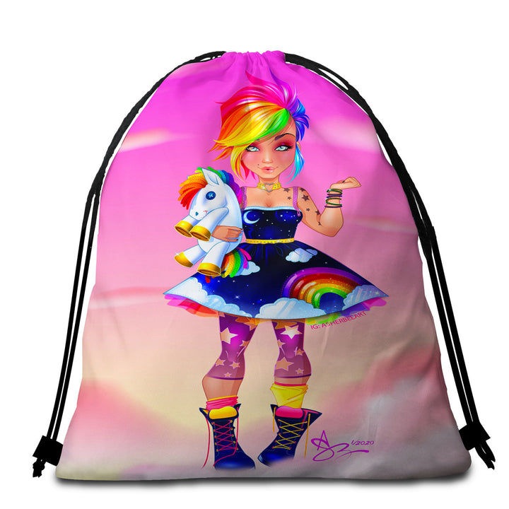 Colorful Girl Rainbow Punk Beach Towel Bags