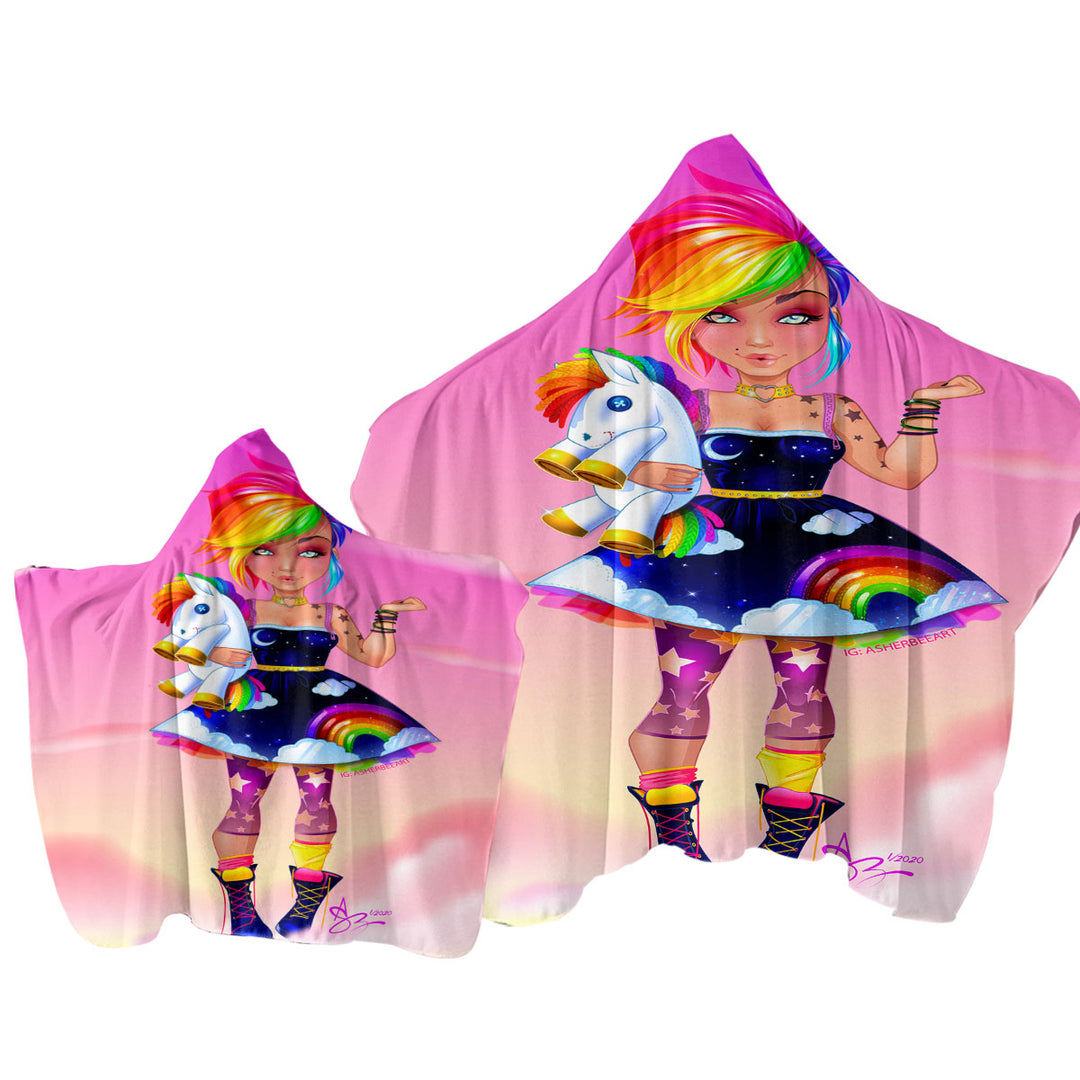 Colorful Girl Rainbow Punk Hooded Beach Towel