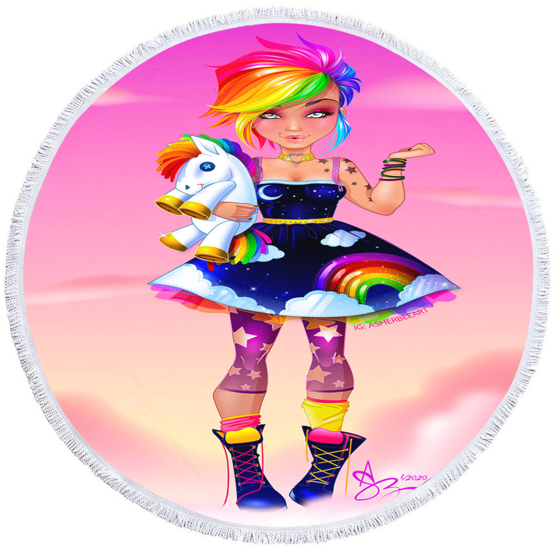 Colorful Girl Rainbow Punk Round Beach Towel