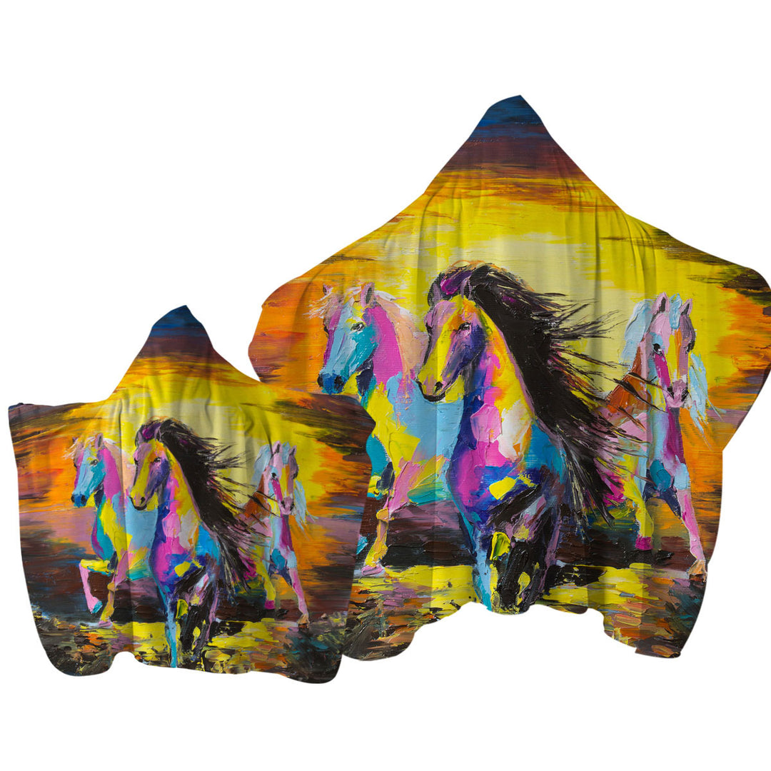 Colorful Horses Art Painting Hooded Beach Towel