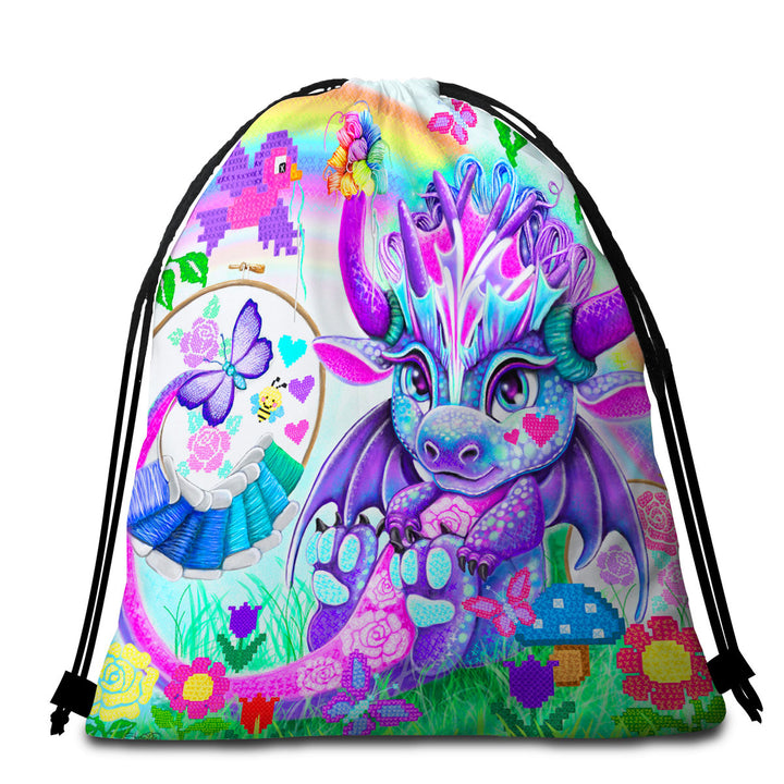 Colorful Kids Packable Beach Towel Cross Stitch Like Lil Dragon