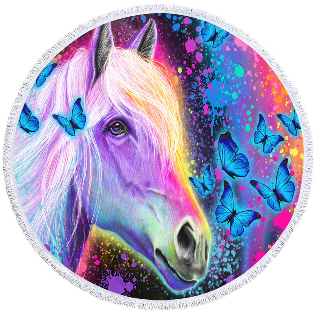 Colorful Microfiber Beach Towel Neon Rainbow Horse and Butterflies