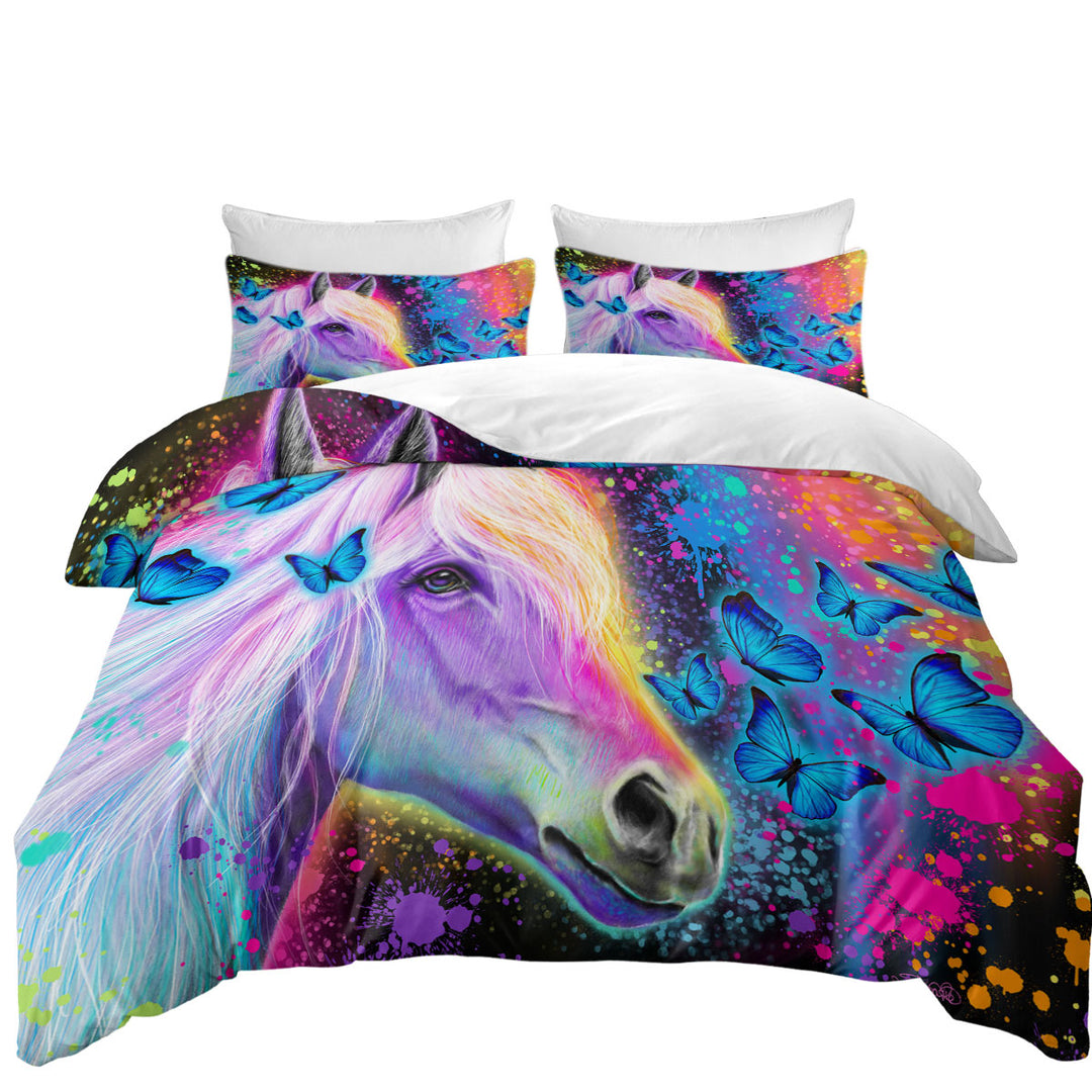 Colorful Neon Rainbow Horse and Butterflies Duvet Cover set