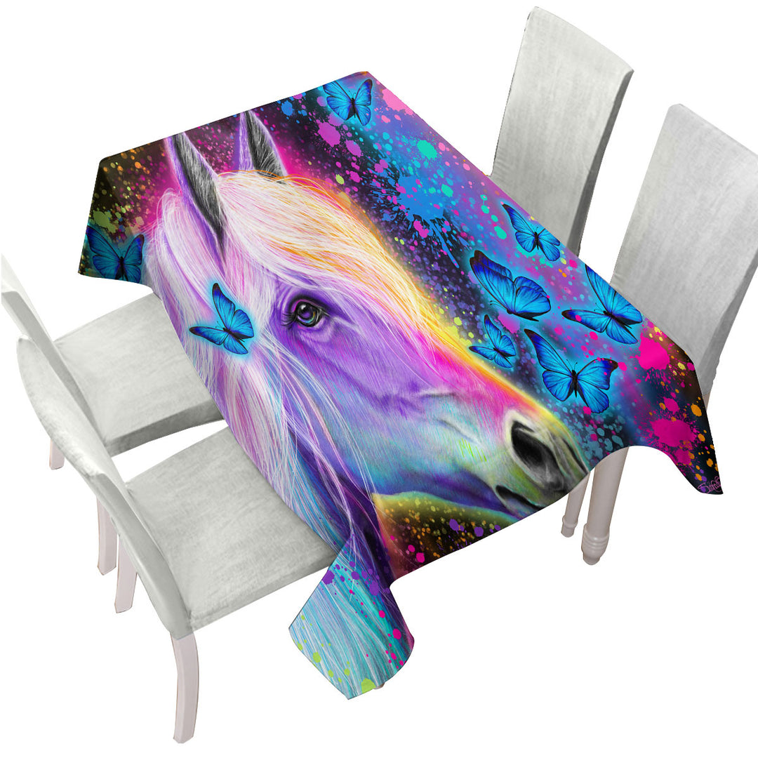 Colorful Neon Rainbow Horse and Butterflies Tablecloth