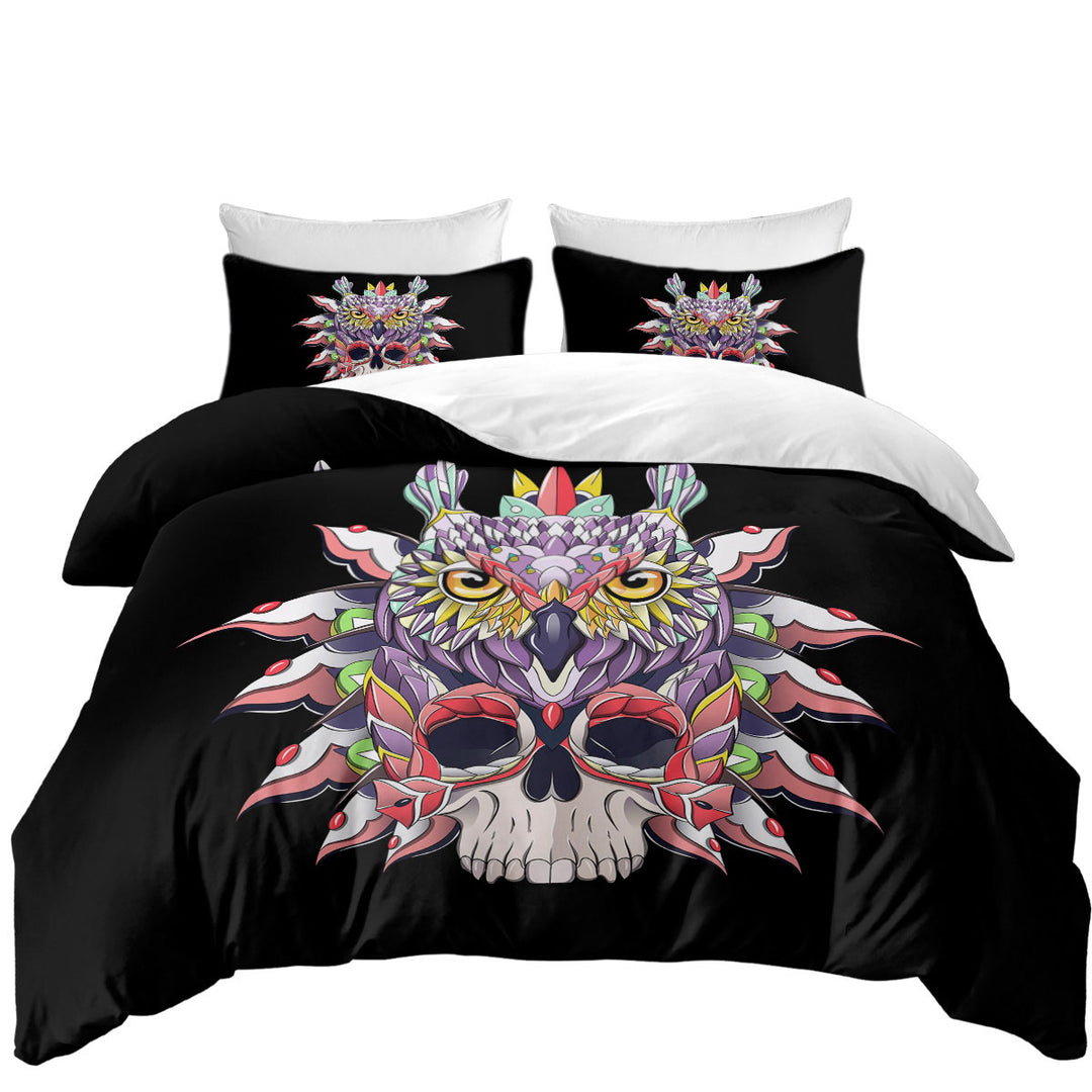 Colorful Owl and Skull King Duvet Cover set