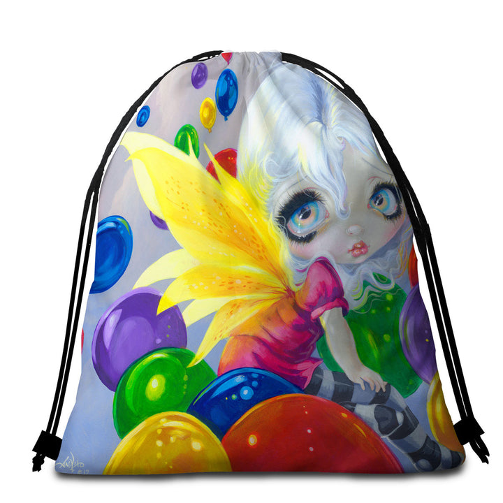 Colorful Packable Beach Towel Kids Fantasy Fairy Balloons