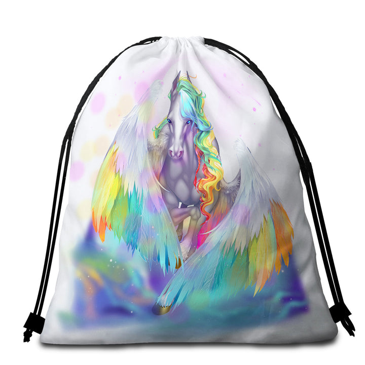 Colorful Packable Beach Towel Rainbows and Starlight Pegasus