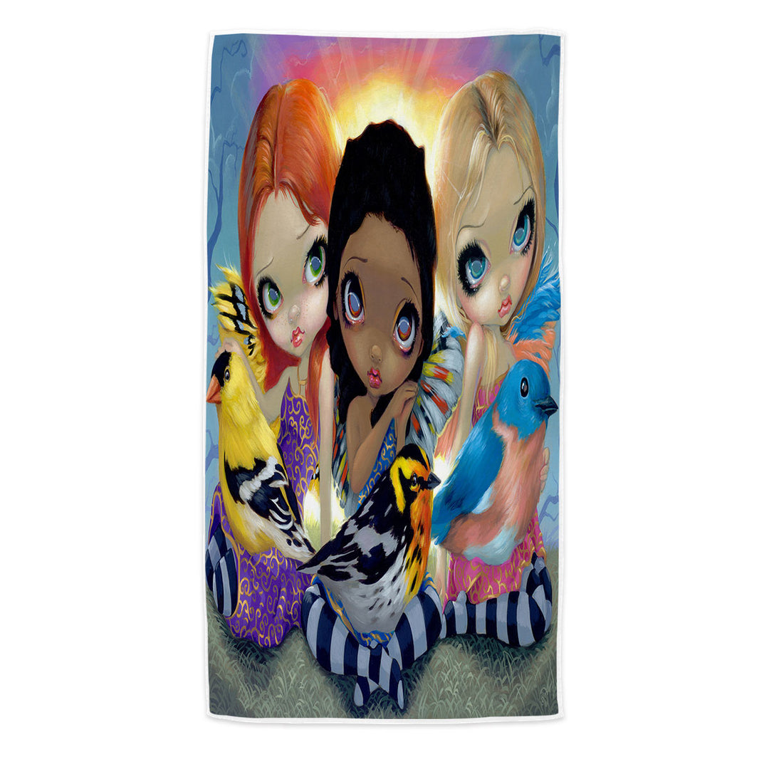 Colorful Pool Towels Painting Three Little Birds and Fairies