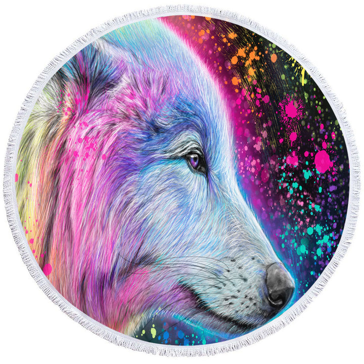 Colorful Round Beach Towel Animal Art Neon Rainbow Wolf