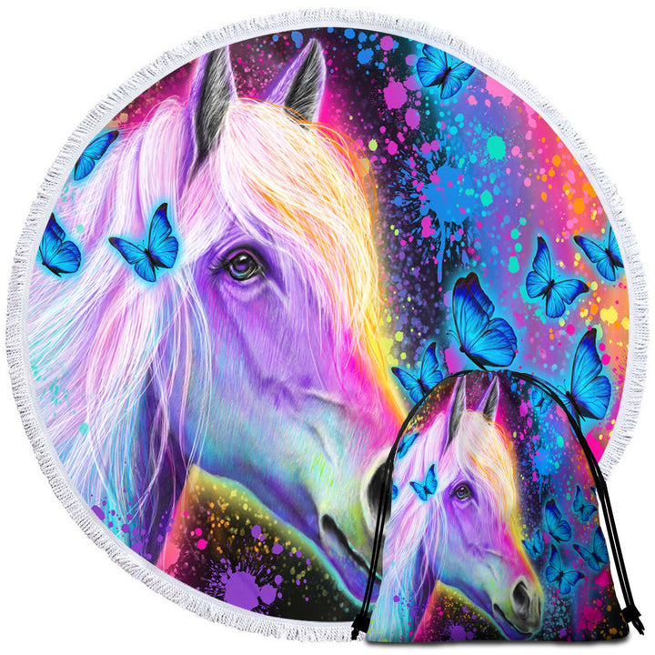 Colorful Round Beach Towel Neon Rainbow Horse and Butterflies