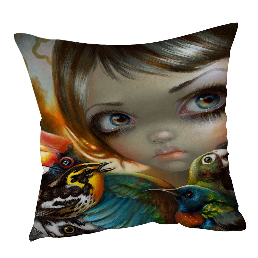 Colorful Throw Pillows Art Birdsong Beautiful Maiden and Birds