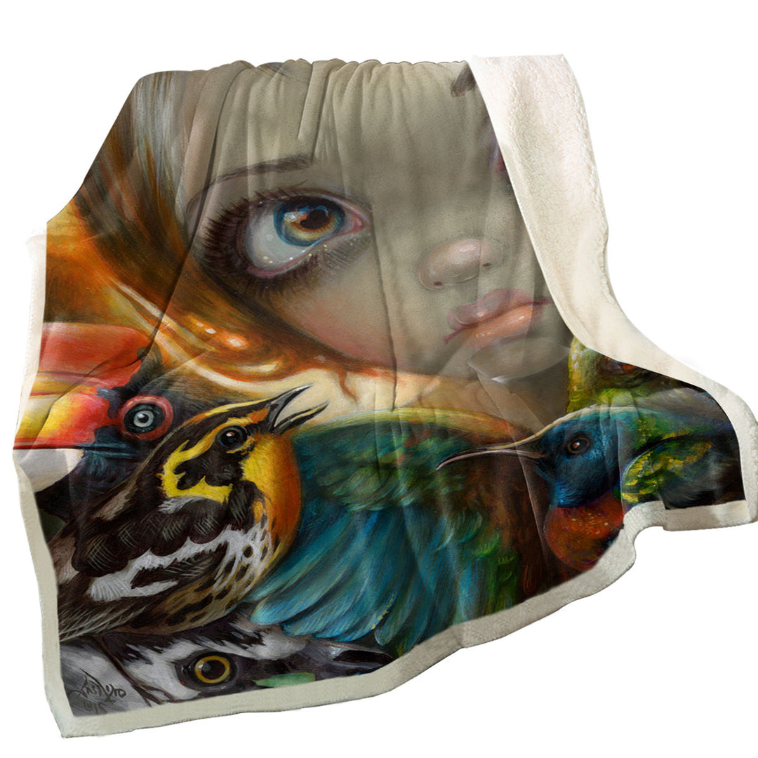 Colorful Throws Art Birdsong Beautiful Maiden and Birds