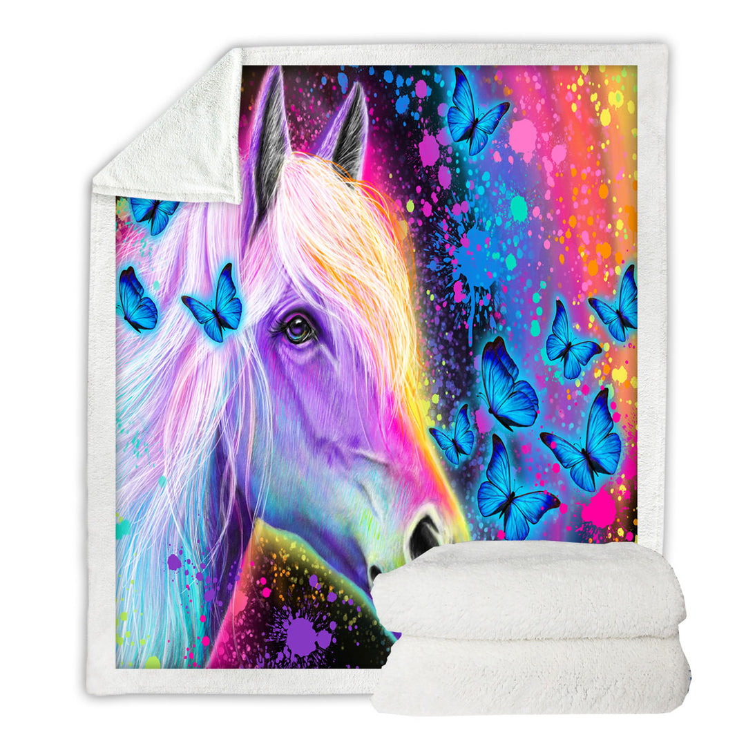 Colorful Throws Neon Rainbow Horse and Butterflies