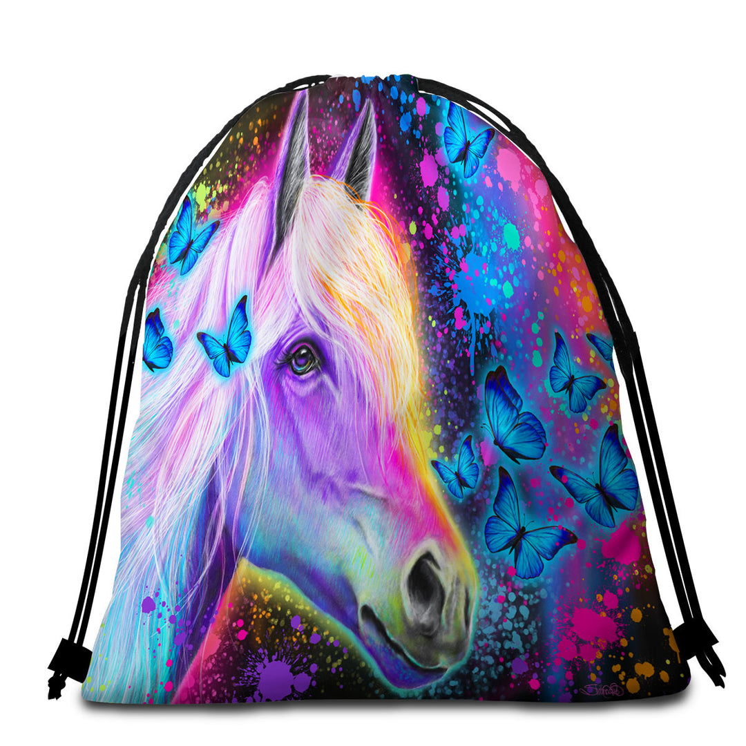 Colorful Travel Beach Towel Neon Rainbow Horse and Butterflies