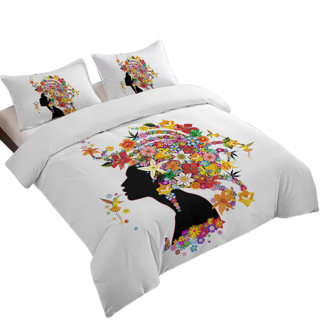 Colorful Tropical Flower Girl and Hummingbirds Duvet Cover Queen