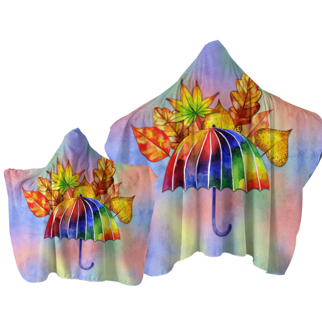 Colorful Umbrella and Autumn Leaves Towel Hoodie