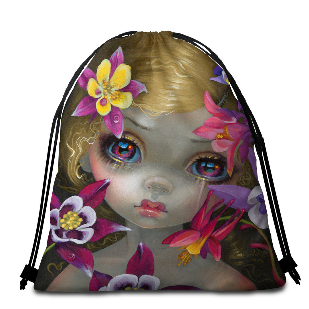 Columbine Flowers Beach Towel Bags Poisonous Beauties Columbine Girl with Flowers