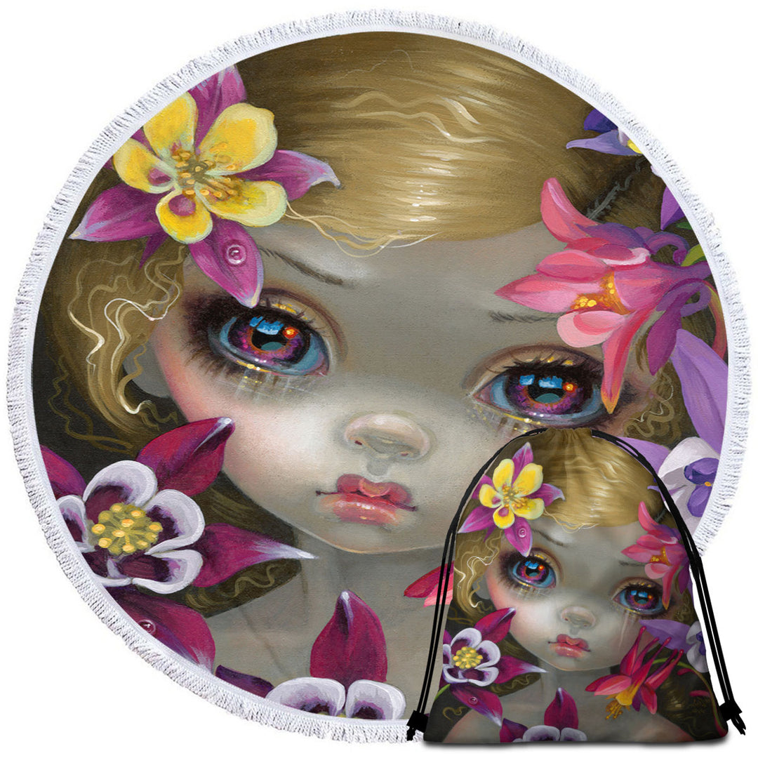 Columbine Flowers Round Beach Towel Poisonous Beauties Columbine Girl with Flowers