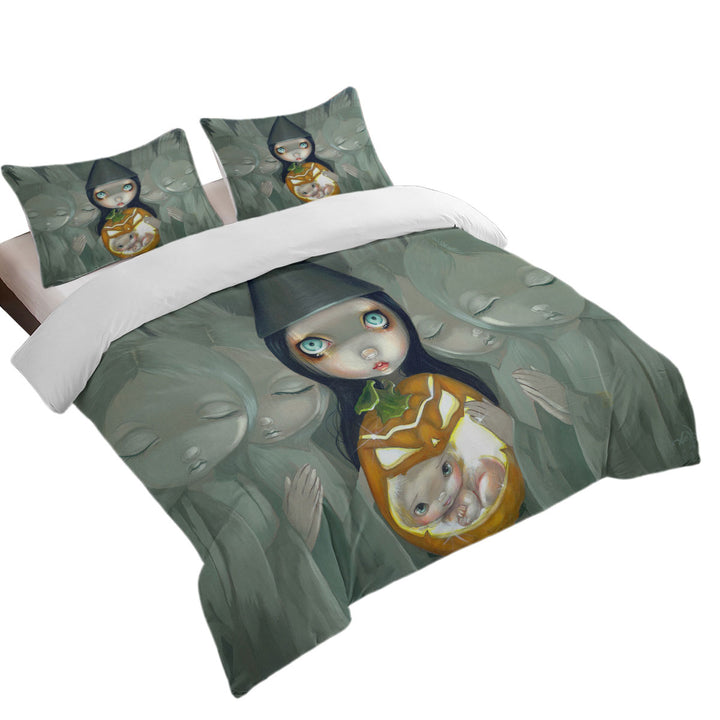 Comforter Cover with Big Eyed Witch Born Of a Pumpkin Baby