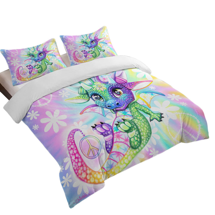 Comforter Cover with Colorful Cute Peaceful Tie Dye Lil Dragon