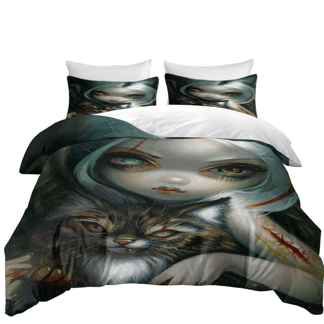 Comforter Cover with Cool Scary Art Zombie Kitty and Pretty Zombie Girl