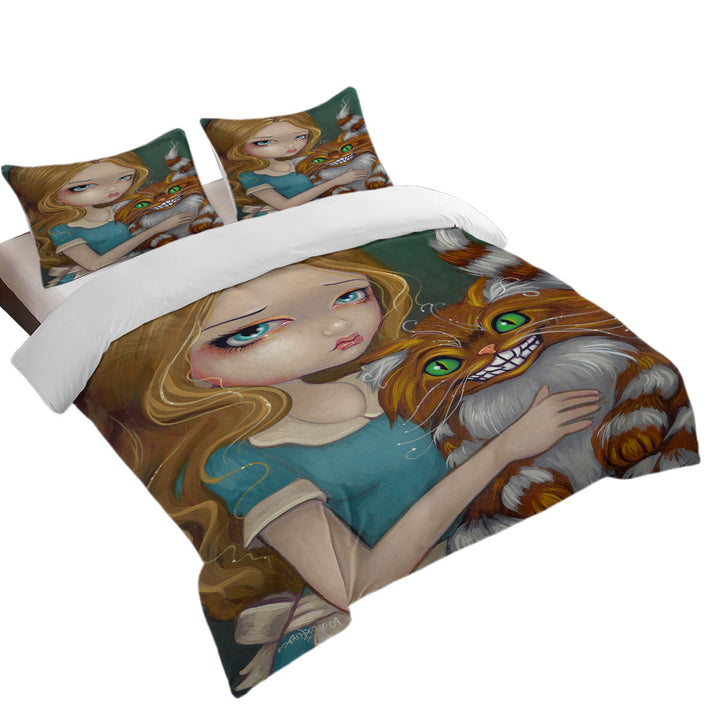 Comforter Cover with Cute Fantasy Art Alice Cuddling the Cheshire Cat