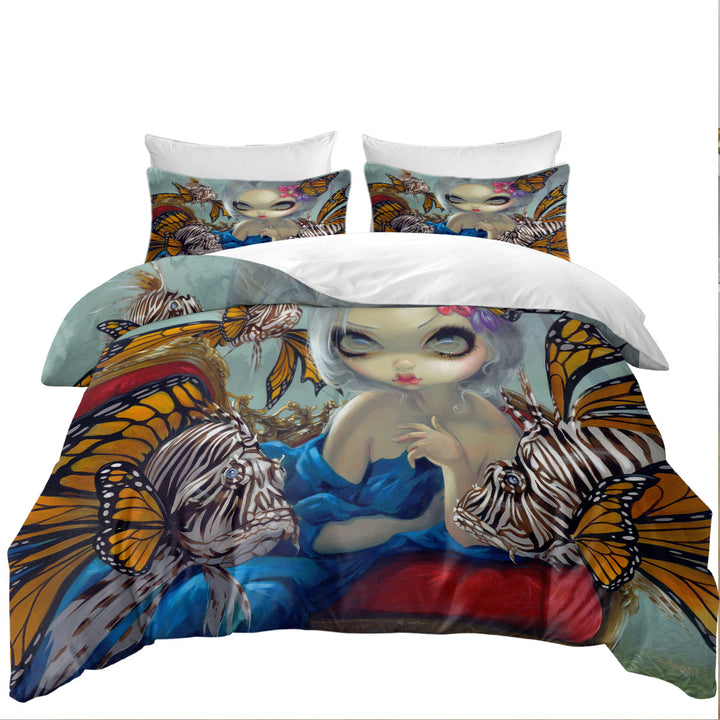 Comforter Cover with Fine Art Flying Fish Beautiful Girl and Lionfish