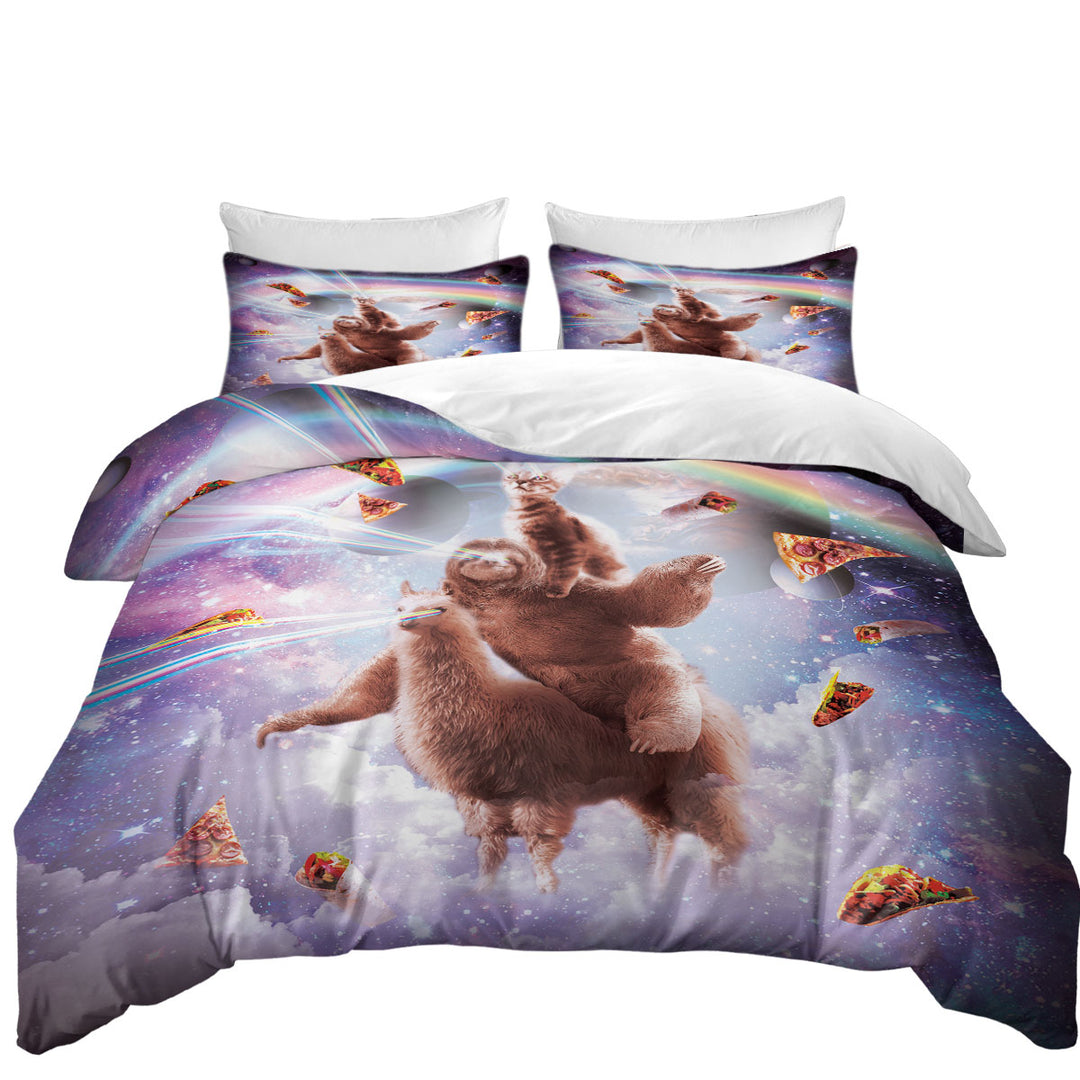 Comforter Cover with Funny Crazy Art Space Cat Riding a Sloth Riding a Llama